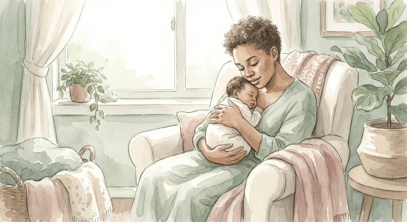 Parent gently cradling a newborn baby while making eye contact, surrounded by soft warm light in a cozy home setting