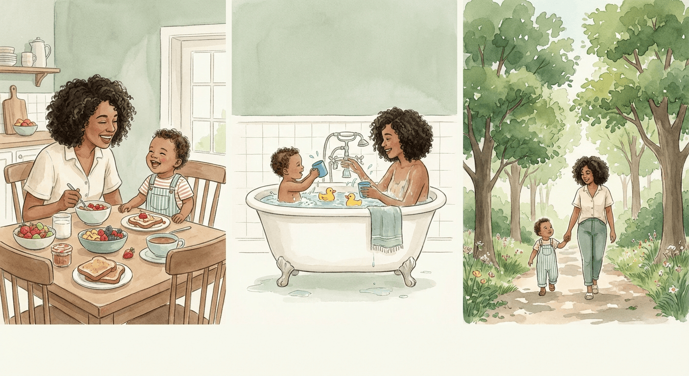 Warm watercolour illustration of a toddler and parent doing everyday activities together — pouring water during bath time, sharing a meal, and walking outside — in soft sage green, cream, and rose tones