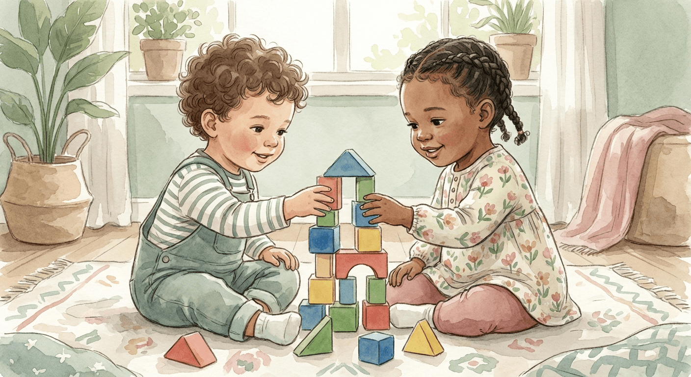 Warm watercolour illustration of two toddlers, one boy and one girl, sitting together on a soft blanket and cooperatively building a tower with colorful wooden blocks, in soft sage, cream, and rose tones