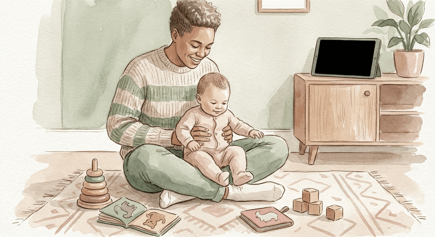 Warm watercolour illustration of a parent sitting on the floor with a baby, surrounded by simple toys and books instead of screens, in soft sage green, cream, and rose tones