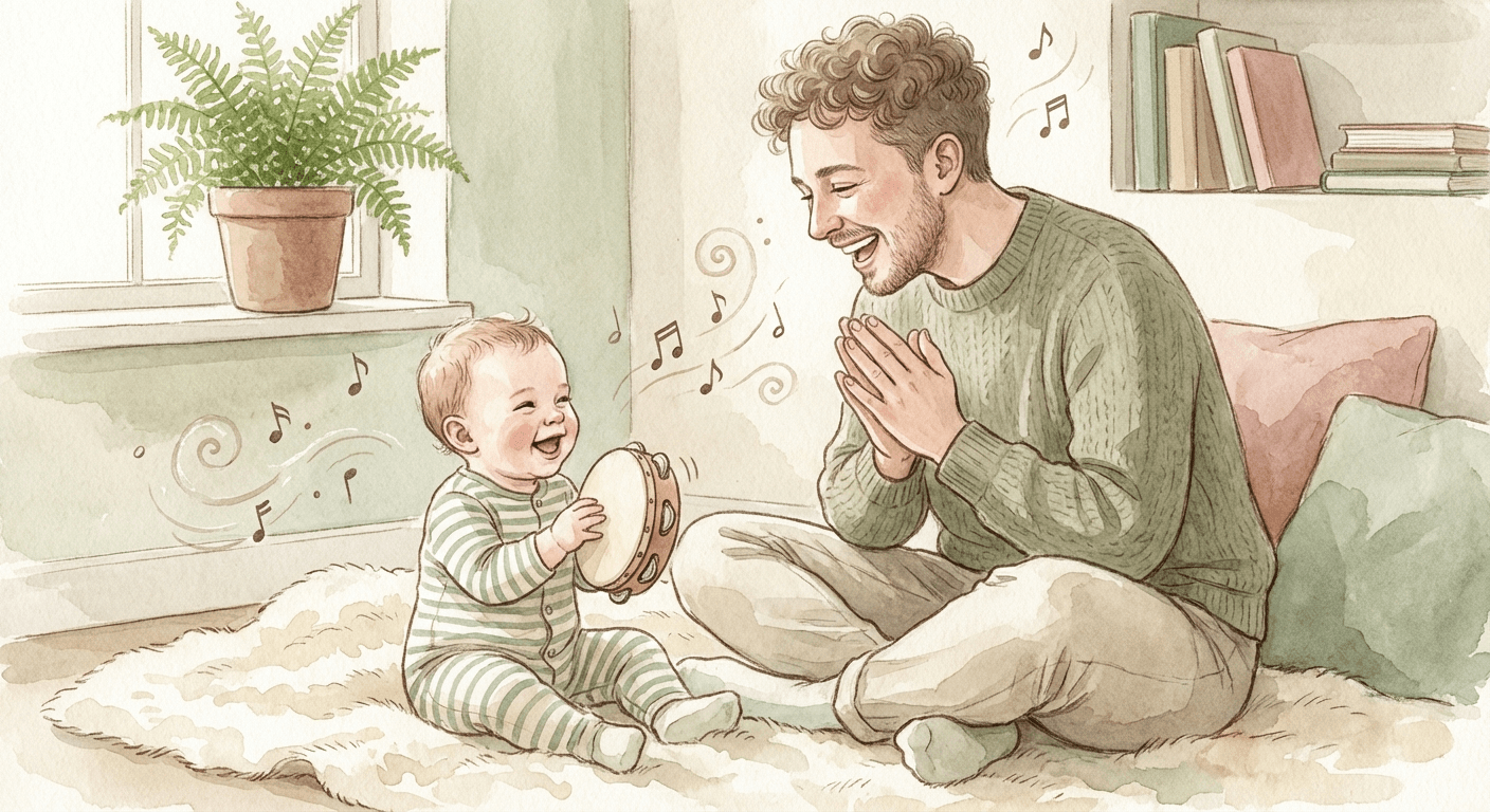 Warm watercolour illustration of a parent and baby sitting together on a soft blanket, joyfully clapping hands and making music with a small wooden tambourine, surrounded by musical notes floating in the air, in soft sage green, cream, and rose tones