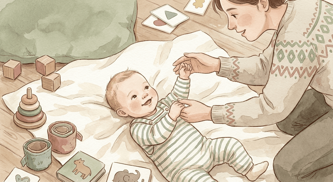 Warm watercolour illustration of a baby sitting on the floor surrounded by colourful toys and books, reaching for a parent's hands instead of flash cards, in soft sage green, cream, and rose tones
