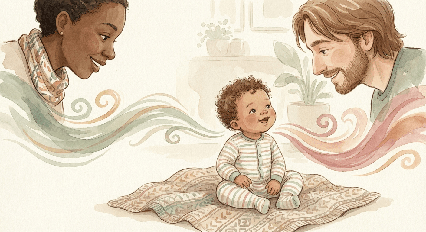 Warm watercolour illustration of a baby sitting between two adults, with soft speech bubbles in different colours floating gently around them, in sage green, cream, and rose tones