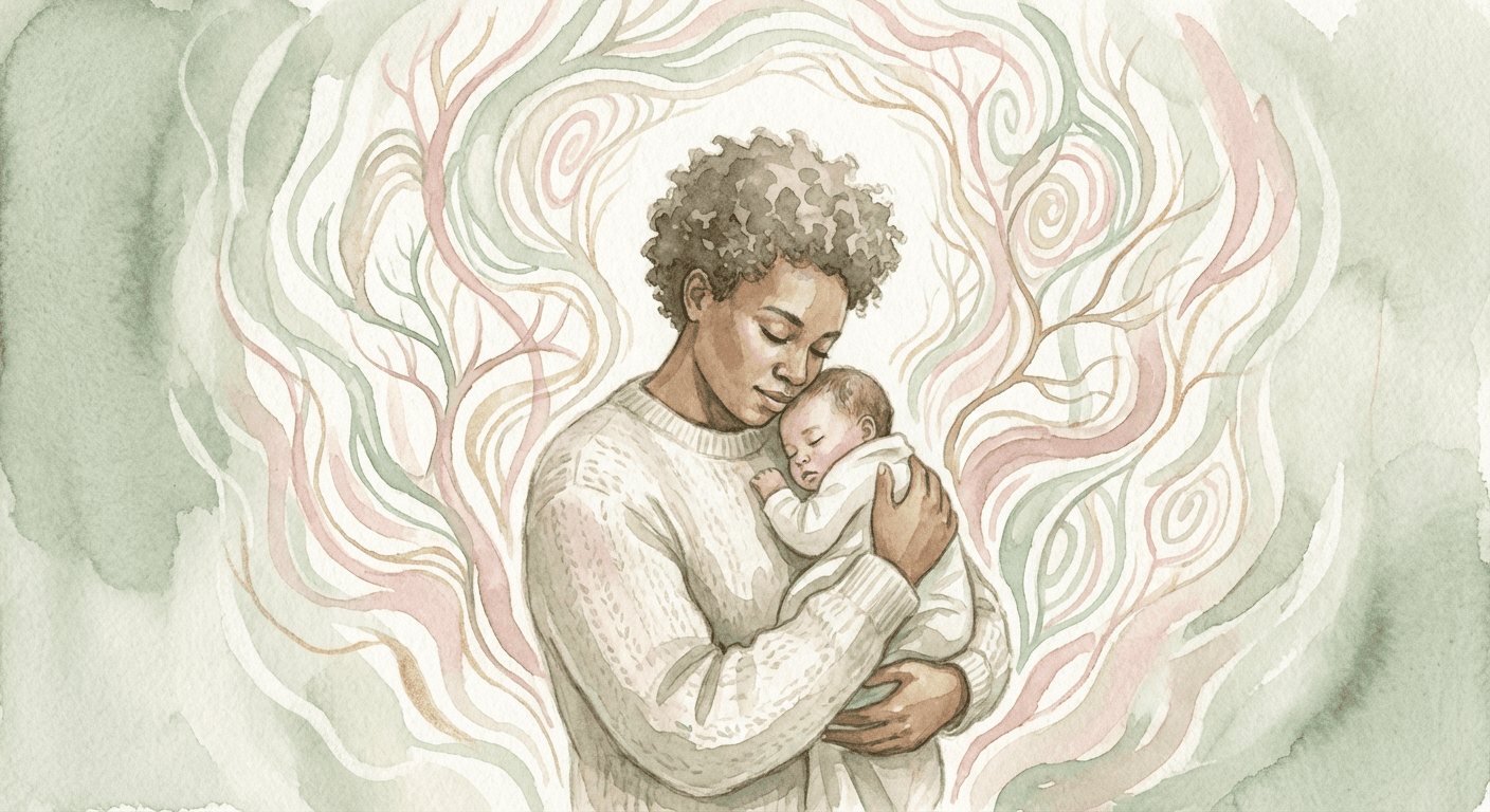 Warm watercolour illustration of a parent gently holding a baby close, surrounded by soft sage and rose tones suggesting calm and safety