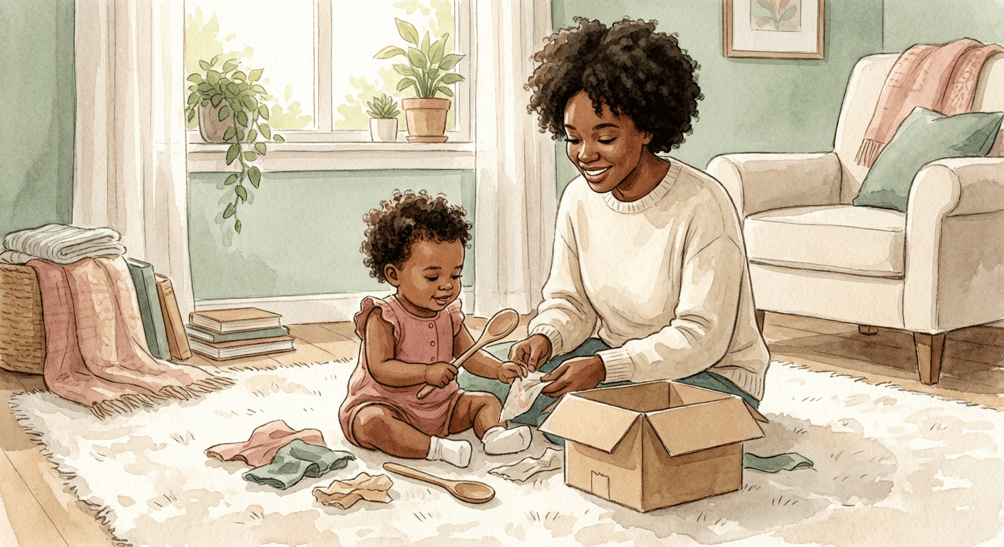 Parent sitting on the floor with a curious toddler exploring colorful household items like wooden spoons, fabric scraps, and cardboard boxes in a warm, sunlit living room