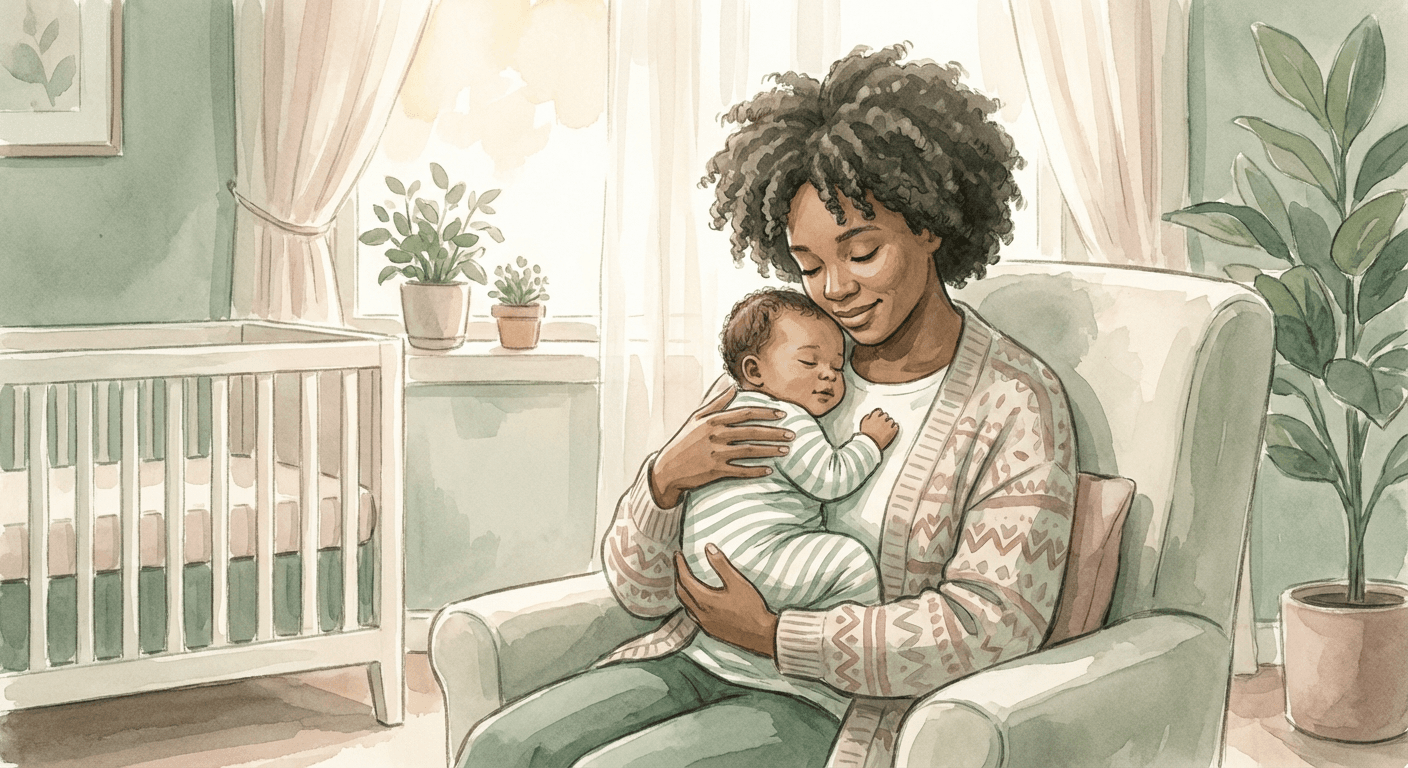Warm watercolour illustration of a parent gently holding and comforting a baby, soft sage and cream tones with rose accents, conveying warmth and security