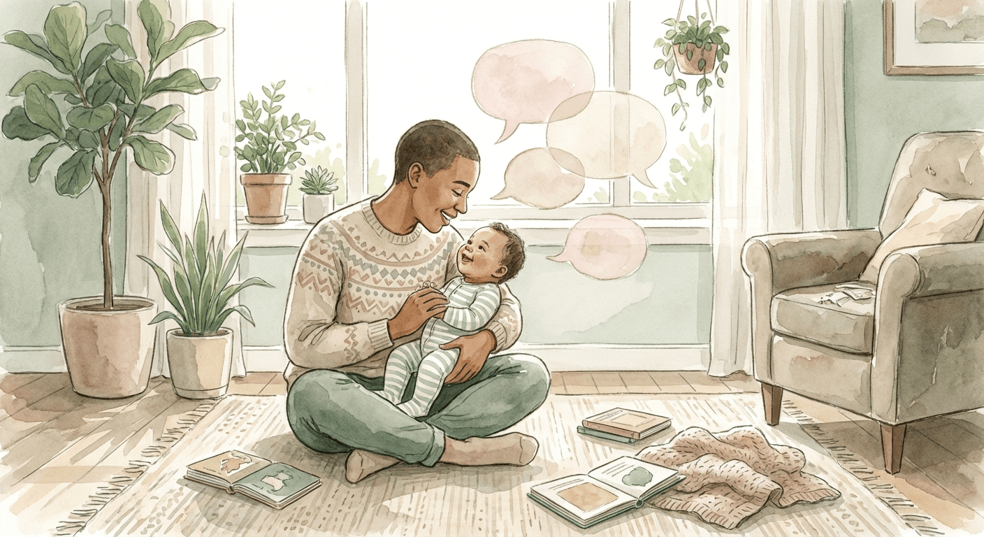 Parent sitting with baby on lap, talking and making eye contact in a warm sunlit room with soft toys and books nearby