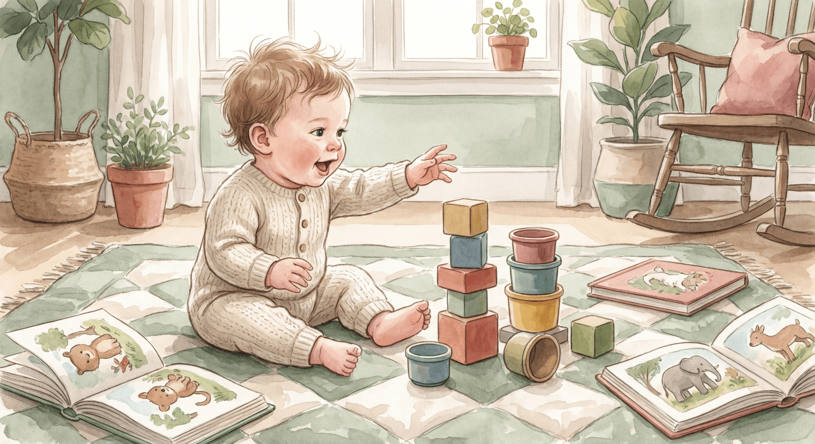 Warm watercolour illustration of a curious baby sitting on a soft blanket surrounded by colourful building blocks, books, and natural objects, reaching out to explore with wonder in their eyes, in soft sage green, cream, and rose tones