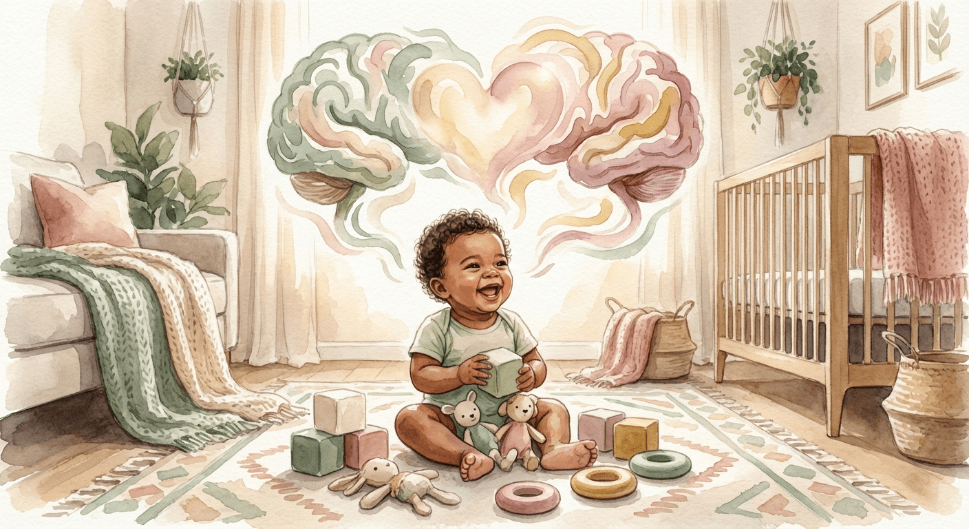 Warm watercolour illustration of a baby exploring colourful toys, with soft abstract patterns suggesting both hemispheres of the brain working together