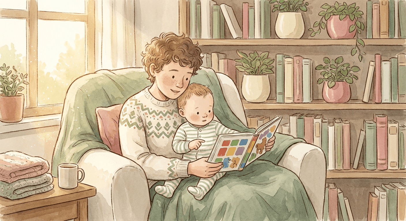 Parent and baby snuggled together on a soft blanket reading a colourful board book, with warm light and a cosy bookshelf in the background