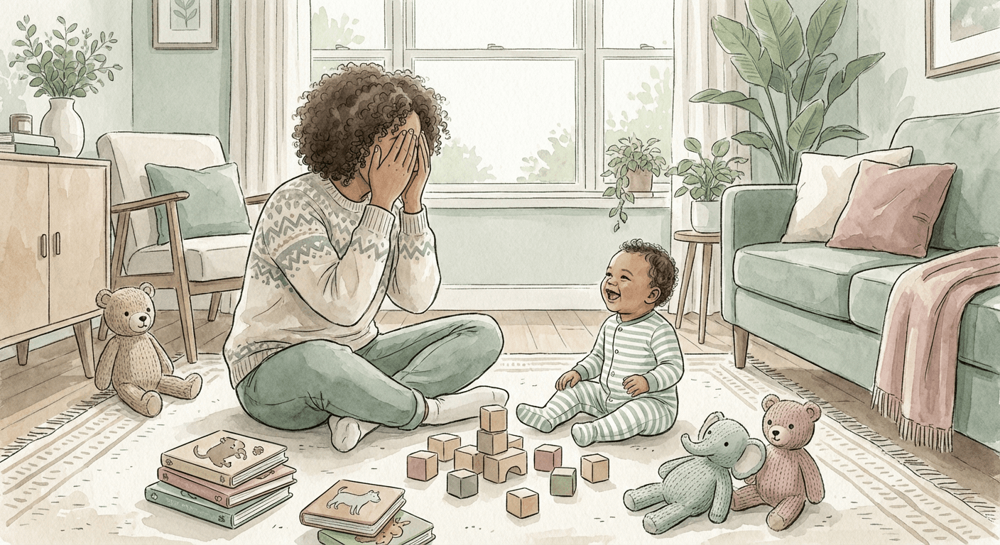 Warm watercolour illustration of a parent sitting on the floor playing with a baby surrounded by colourful toys and books