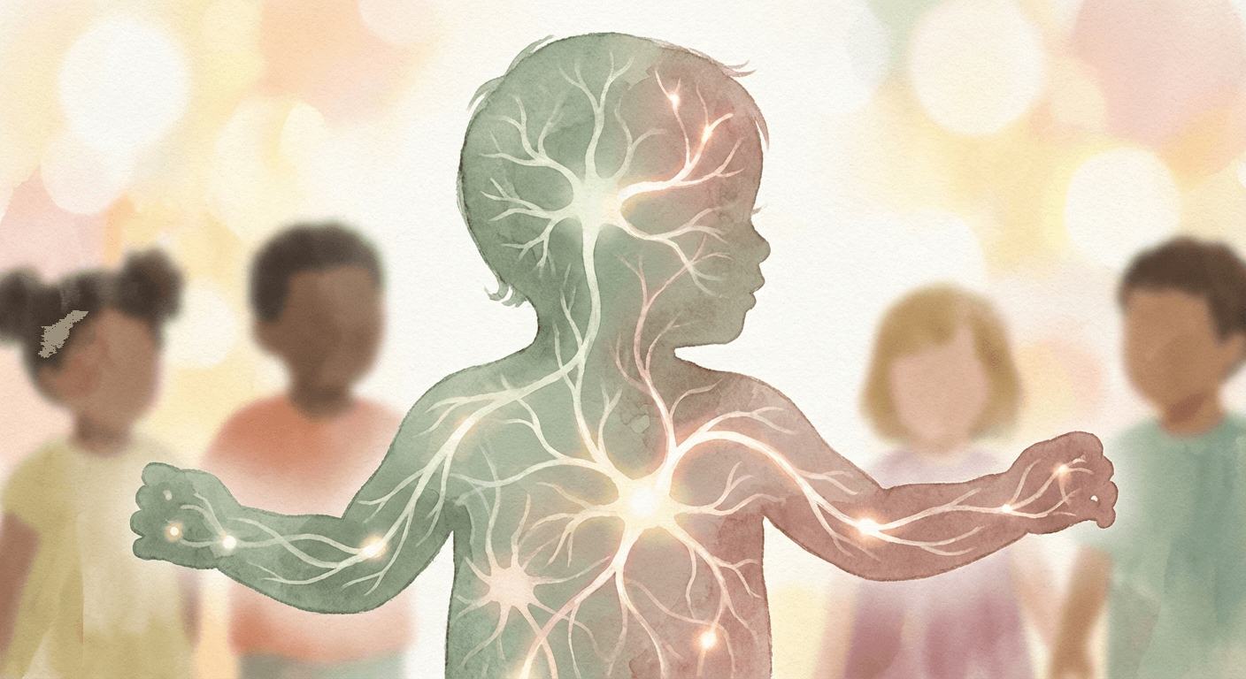 Warm watercolour illustration of a toddler surrounded by softly glowing neural connections, some gently fading away while others grow brighter, in sage green, cream, and rose tones