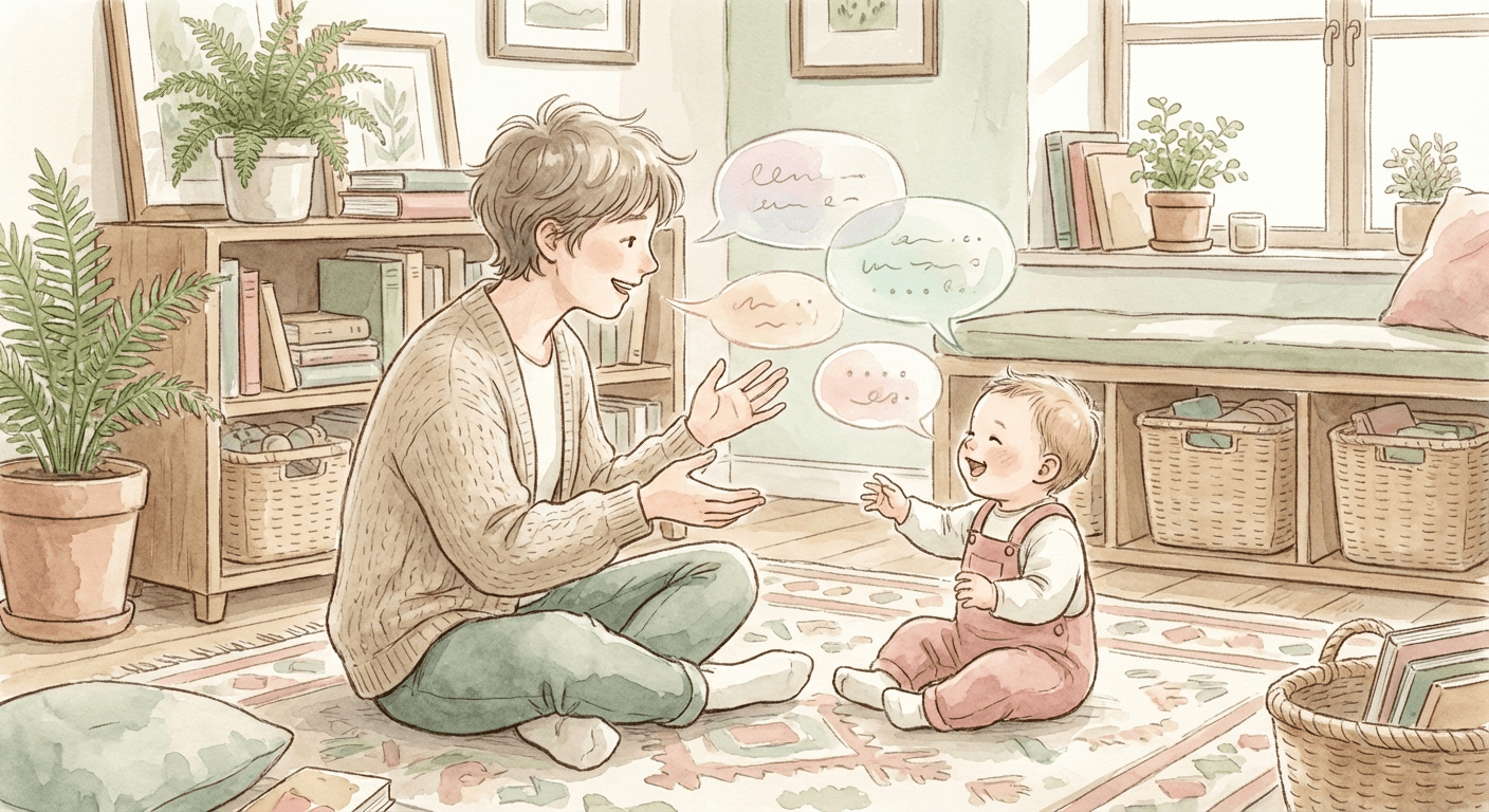Warm watercolour illustration of a parent talking and smiling with their baby during a kitchen routine, surrounded by soft sage, cream, and rose tones