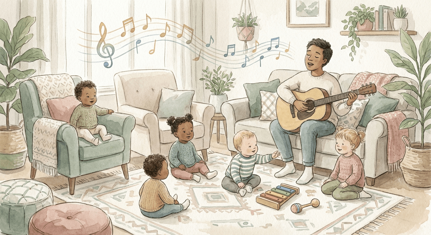 Warm watercolour illustration of babies and toddlers exploring toy instruments in a cozy living room while a parent sings, with soft musical notes floating in the air, in sage, cream, and rose tones