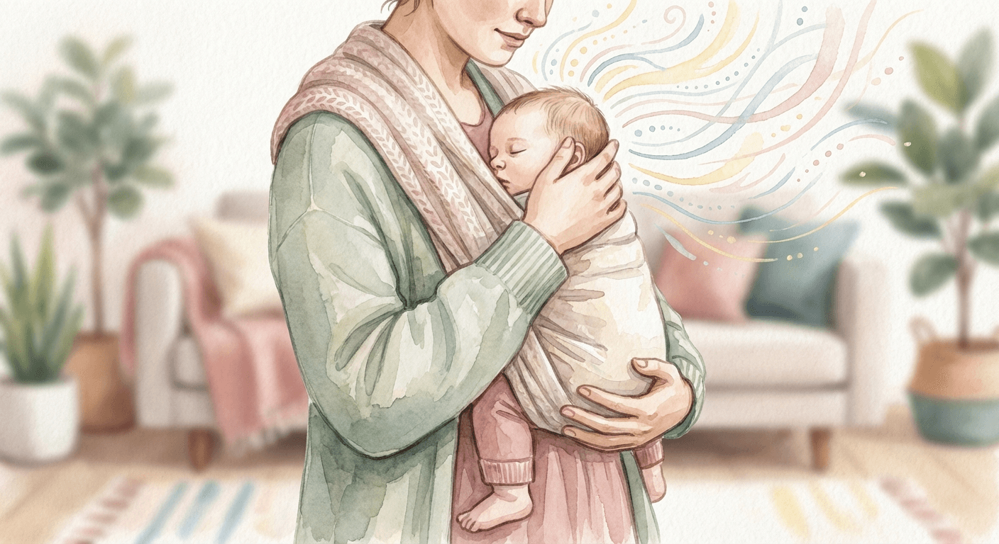 Parent gently holding a baby close, with warm watercolour tones suggesting the invisible neural connections forming between them
