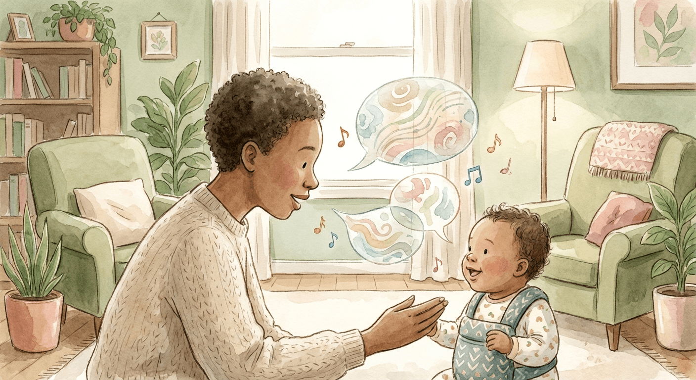 Warm watercolour illustration of a parent leaning close and talking to a smiling baby, with soft speech bubbles and musical notes floating between them, in sage, cream, and rose tones