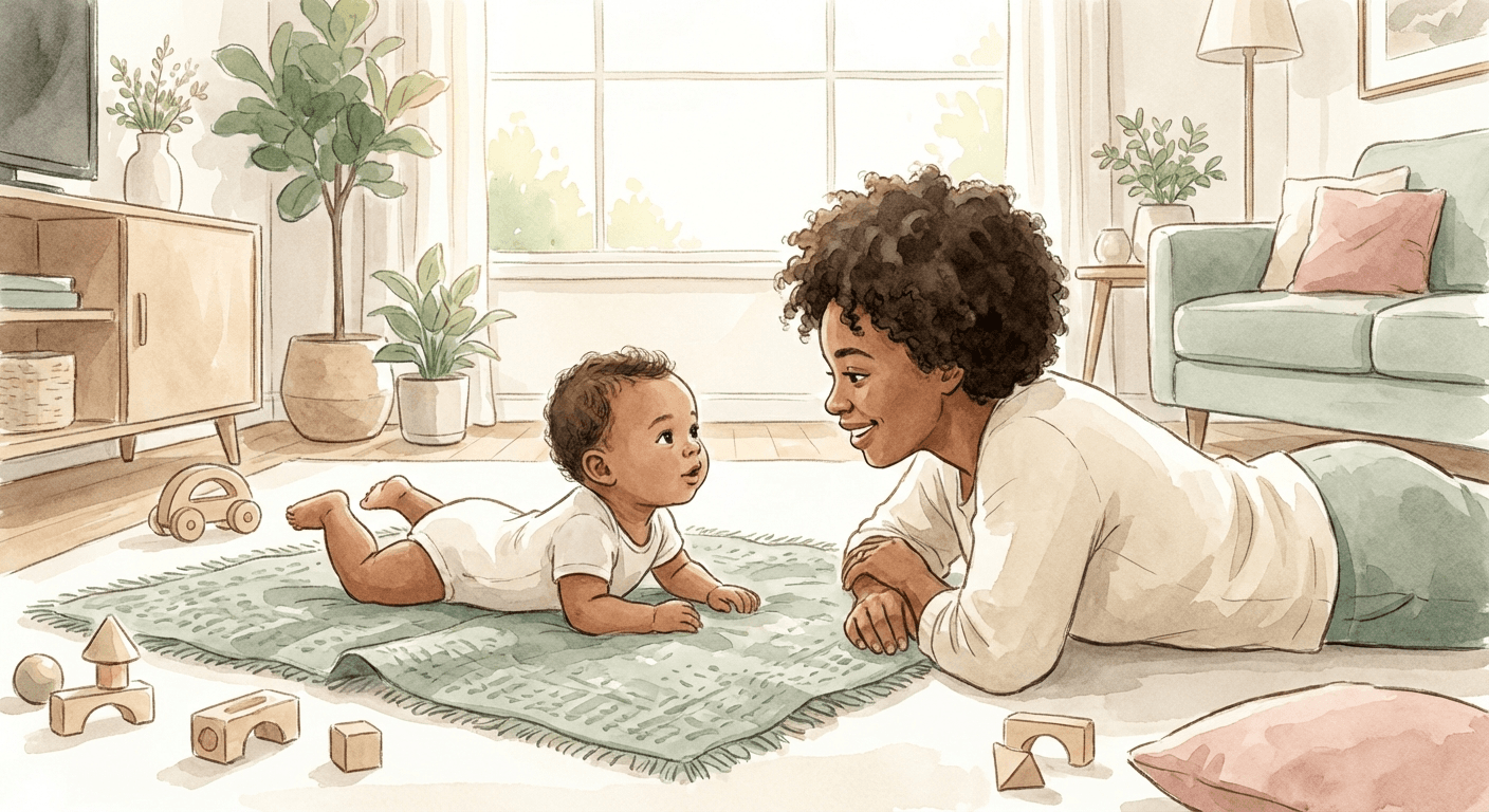 Baby happily doing tummy time on a soft blanket while a parent lies on the floor face-to-face, in a warm sunlit living room