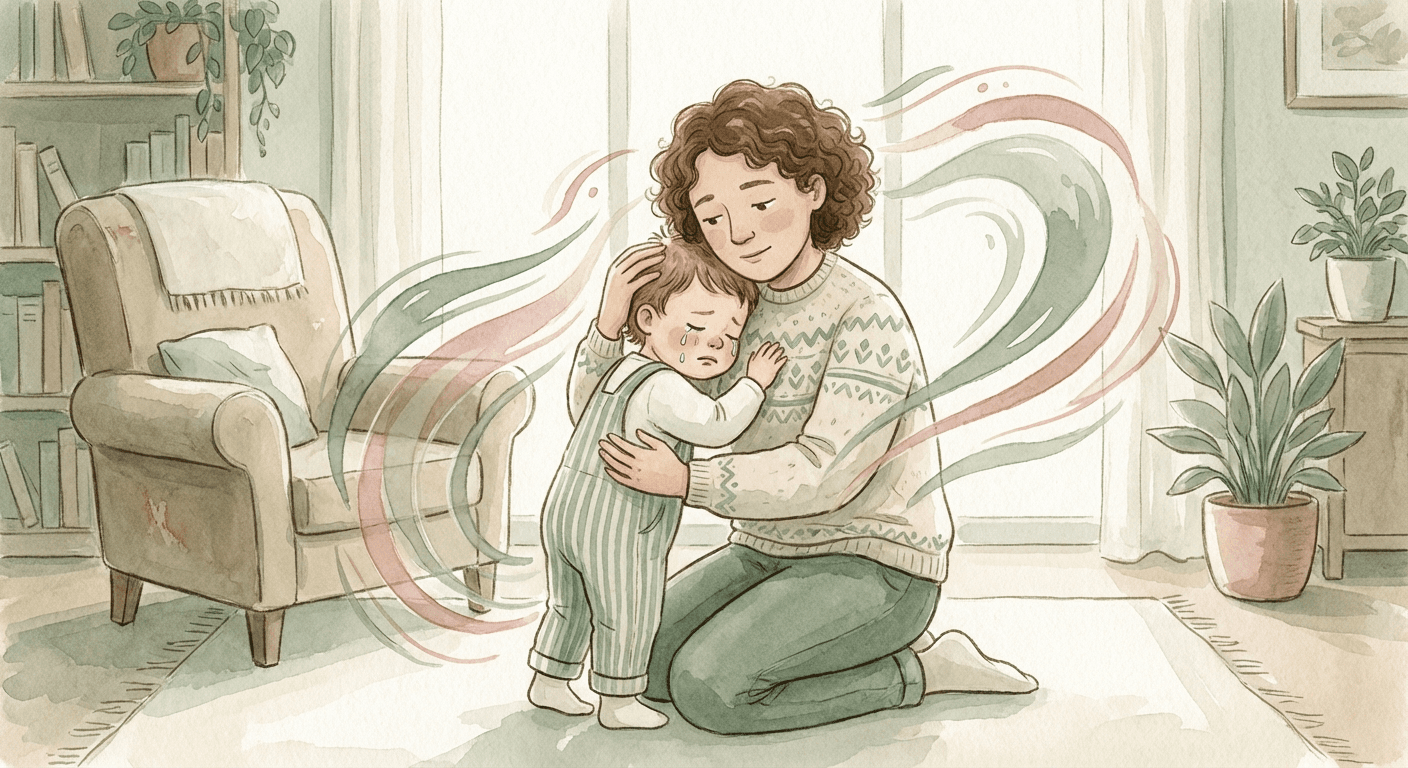 Warm watercolour illustration of a parent kneeling down to comfort a tearful toddler, surrounded by soft sage green and rose tones with gentle abstract shapes suggesting emotions