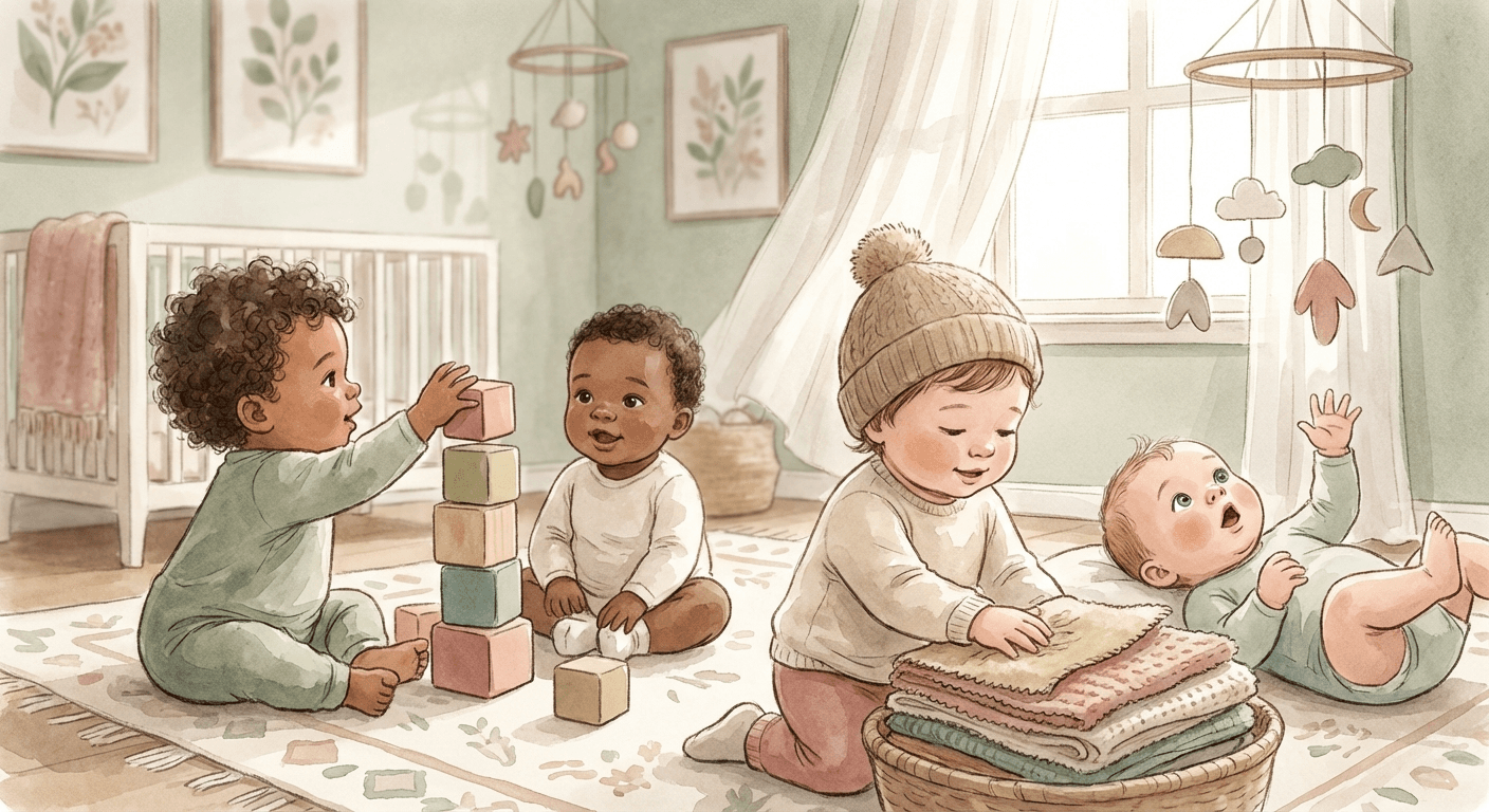 Warm watercolour illustration of a toddler exploring colourful building blocks with soft sage and cream tones