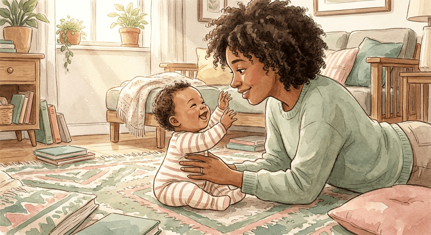 Warm watercolour illustration of a parent and baby in a cozy living room, sharing a moment of connection with gentle eye contact and smiles