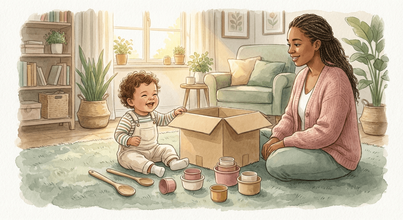 Warm watercolour illustration of a toddler happily playing with wooden spoons, cardboard boxes, and stacking cups on a soft rug, with a parent sitting nearby watching warmly, in sage green, cream, and rose tones