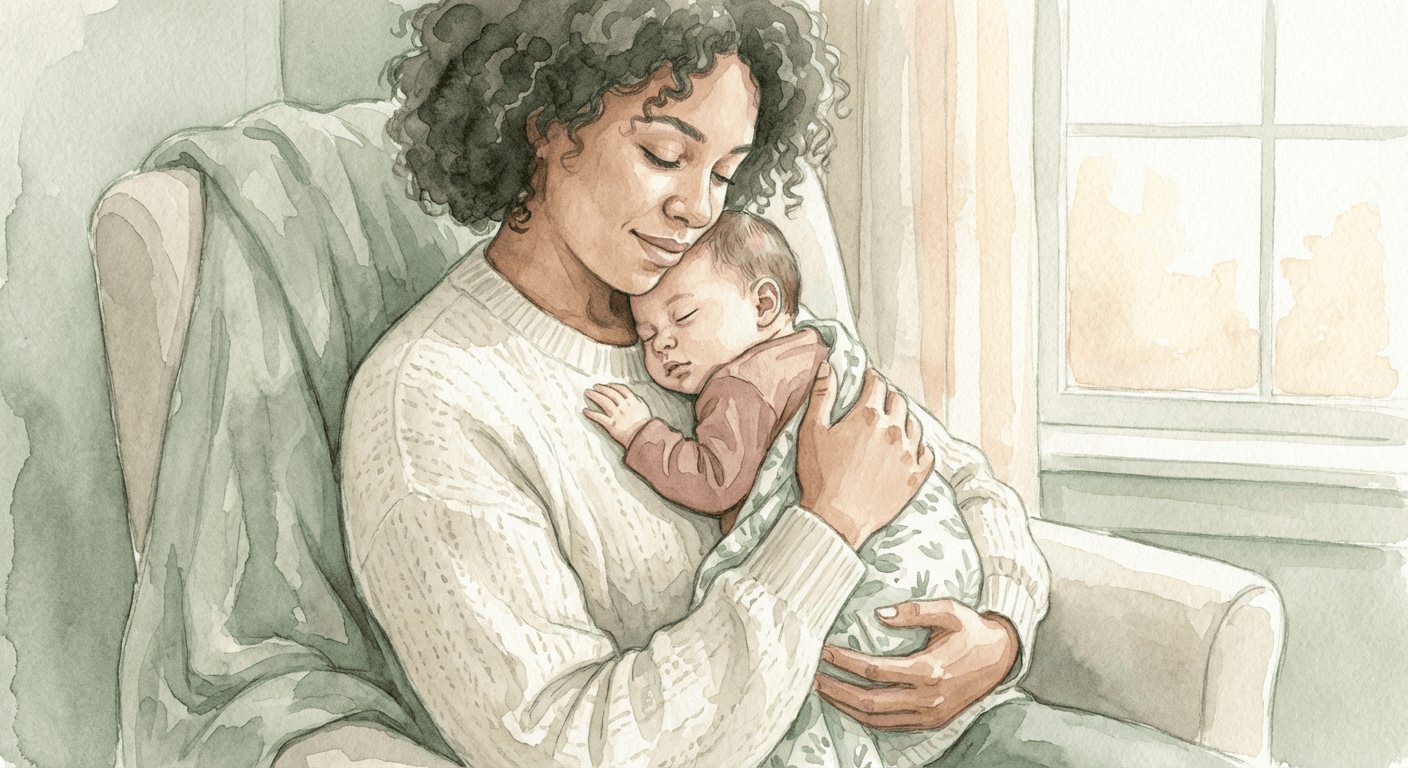Warm watercolour illustration of a parent gently cradling and comforting a baby against their chest, both looking peaceful, in soft sage green, cream, and rose tones